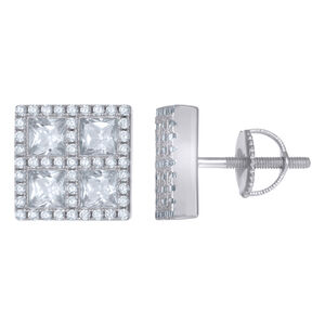 925 Sterling Silver Unisex Princess-Cut Cubic-Zirconia Square Stud Earrings